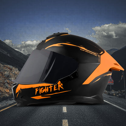 Steelbird SBH-57 Fighter F2 Graphic Helmet ISI and DOT Certified Full Face Helmet for Men with Inner Silver Sun Shield (Glossy Black Orange)