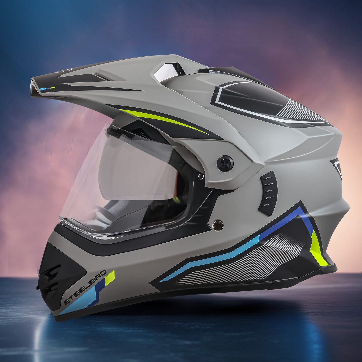 Steelbird Racer Off Road ISI Certified Motocross Double Visor Full Face Graphic Helmet Outer Clear Visor and Inner Silver Sun Shield (Glossy Grey Neon)