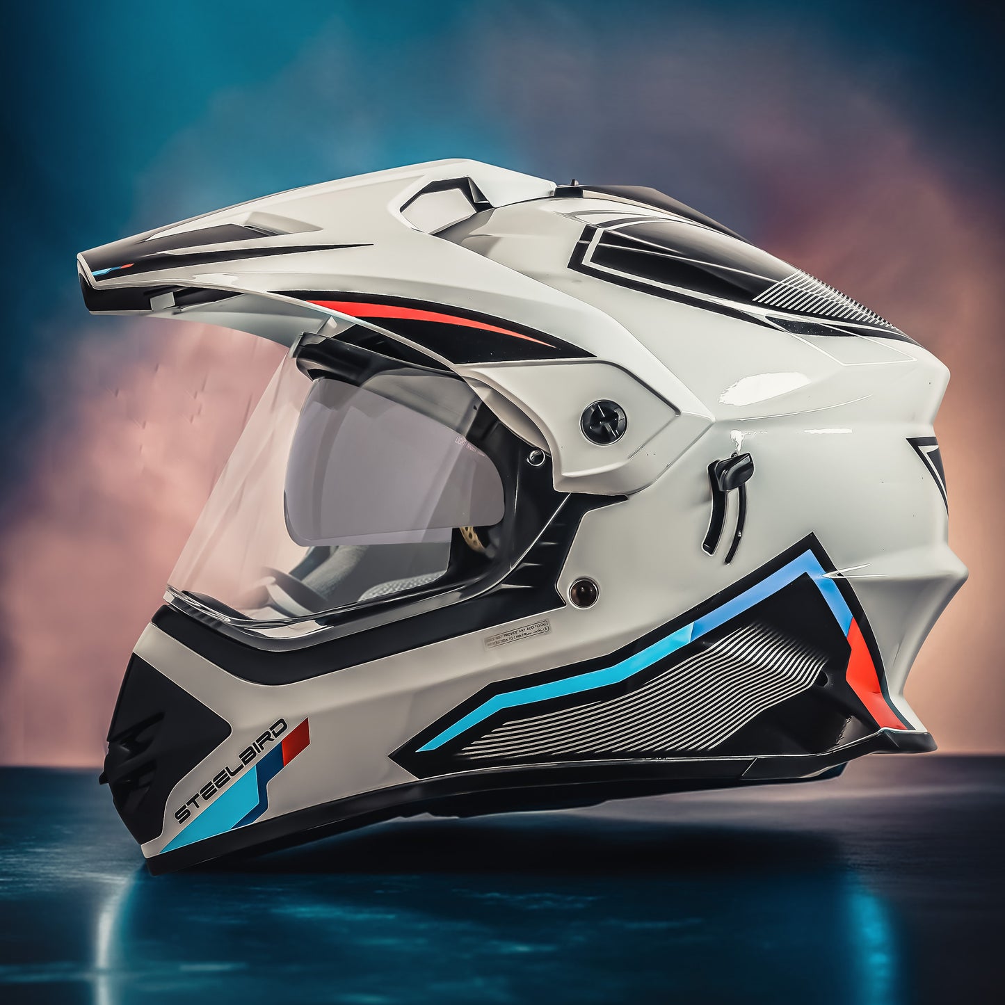 Steelbird Racer Off Road ISI Certified Motocross Double Visor Full Face Graphic Helmet Outer Clear Visor and Inner Silver Sun Shield (Glossy White Red)