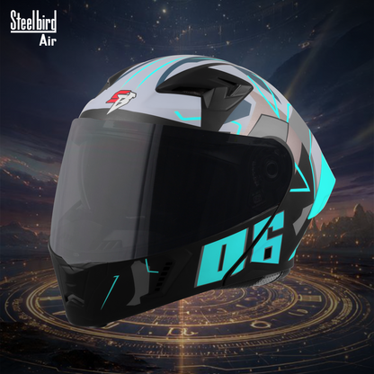 Steelbird SBA-20 06 ISI Certified Flip-Up Graphic Helmet for Men and Women with Inner Chrome Sun Shield. (Glossy Black Jazz Blue with Smoke Visor).