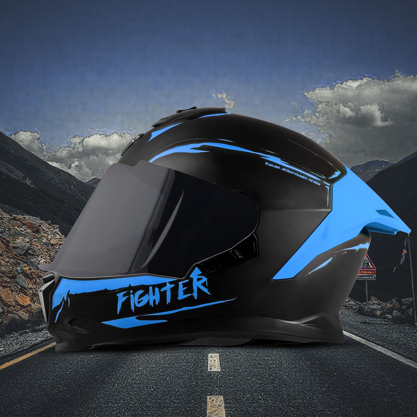 Steelbird SBH-57 Fighter F2 Graphic Helmet ISI and DOT Certified Full Face Helmet for Men with Inner Silver Sun Shield (Glossy Black Blue)