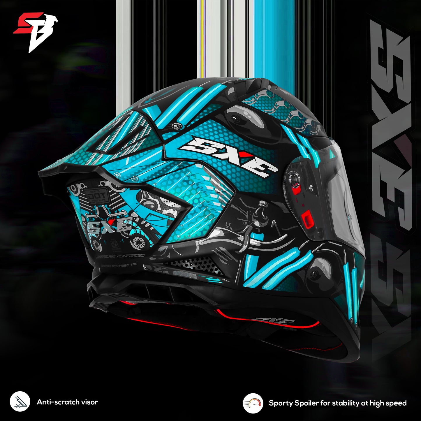 Steelbird SBH-61 SXE X2 Pinlock ISI and Dot Certified Full Face Helmet for Men and with Inner Silver Sunshield (Glossy Black Cyan Green with Anti fog Shield)