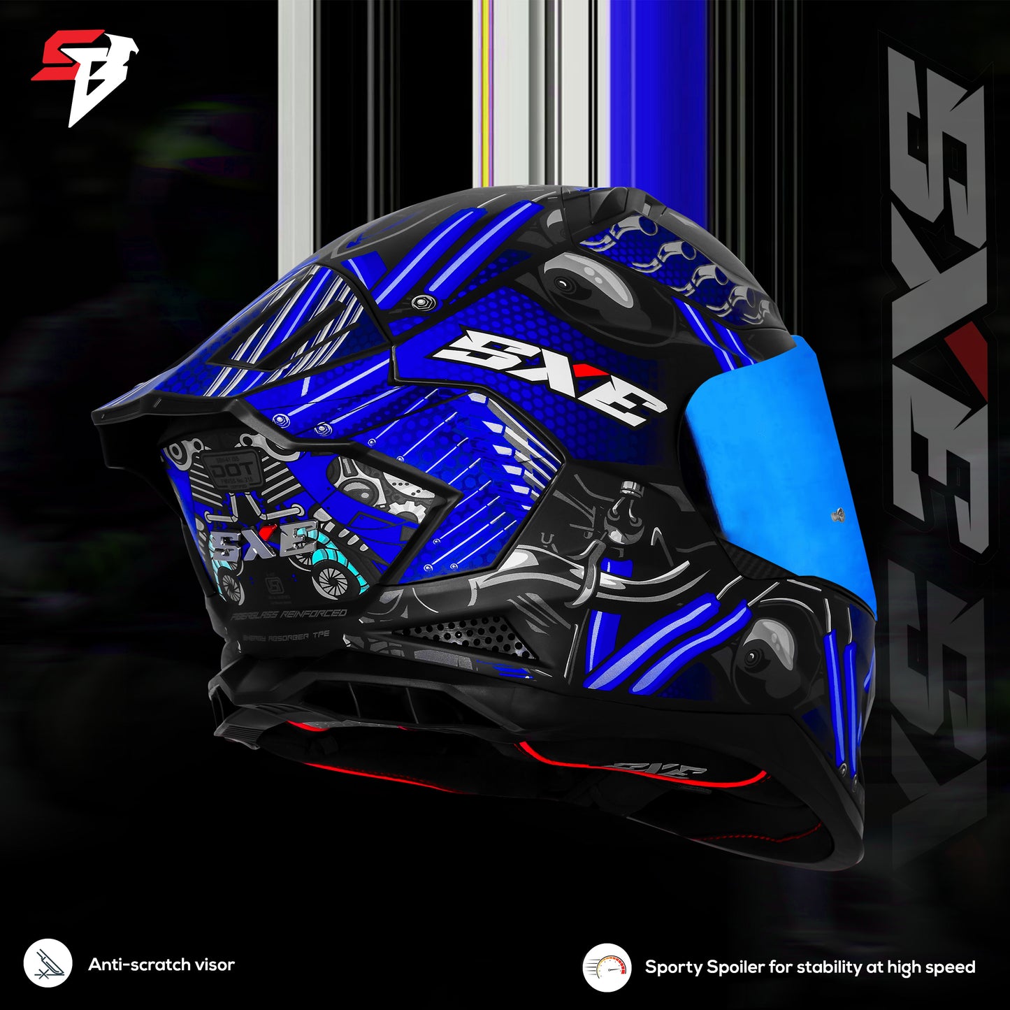 Steelbird SBH 61 SXE X2 ISI and Dot Certified Full Face Helmet for Men and with Inner Silver Sunshield (Glossy Black Blue)