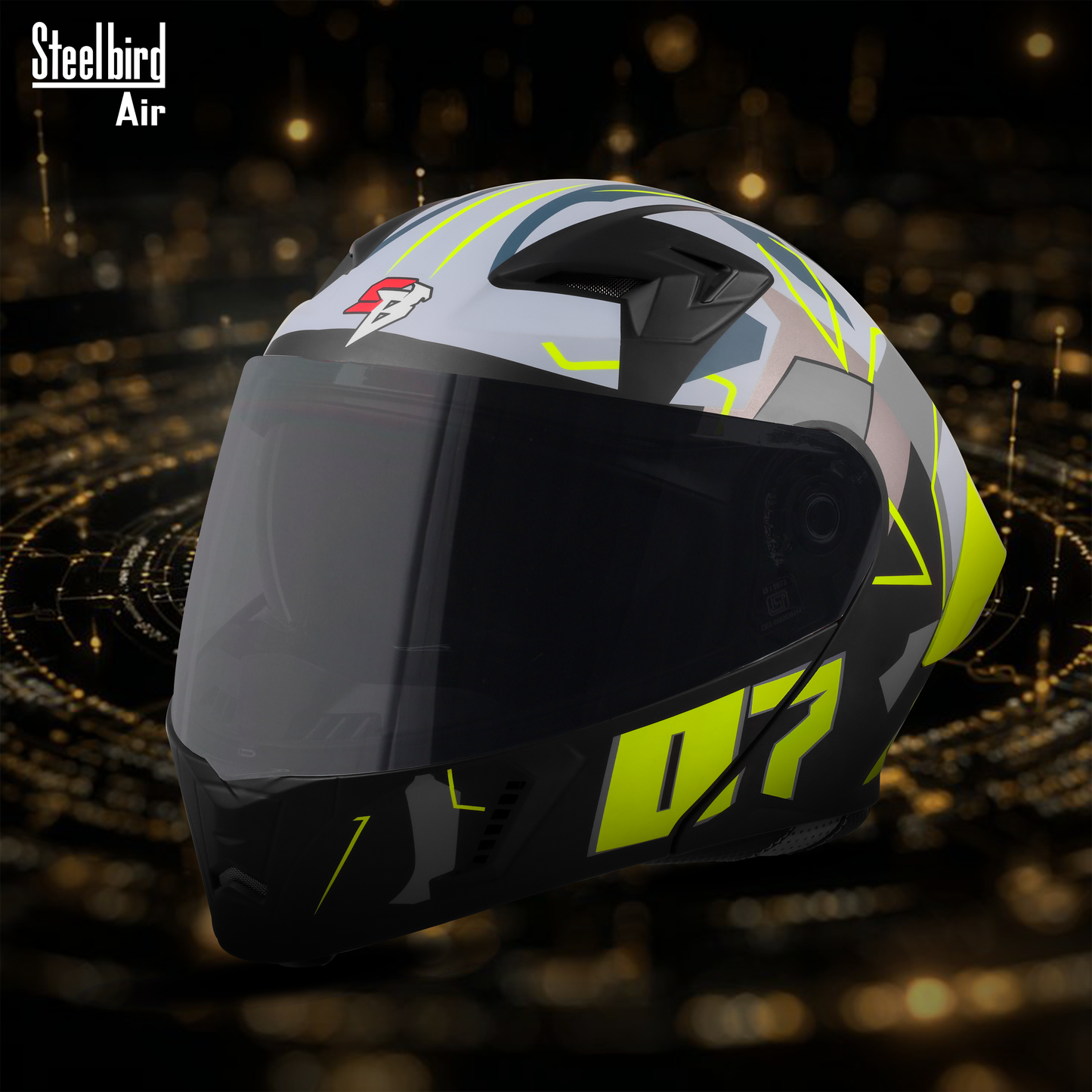 Steelbird SBA-20 07  ISI Certified Flip-Up Graphic Helmet for Men and Women with Inner Chrome Sun Shield .(Glossy Black Neon with Smoke Visor).