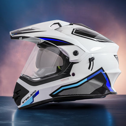 Steelbird Racer Off Road ISI Certified Motocross Double Visor Full Face Graphic Helmet Outer Clear Visor and Inner Silver Sun Shield (Glossy White Blue)