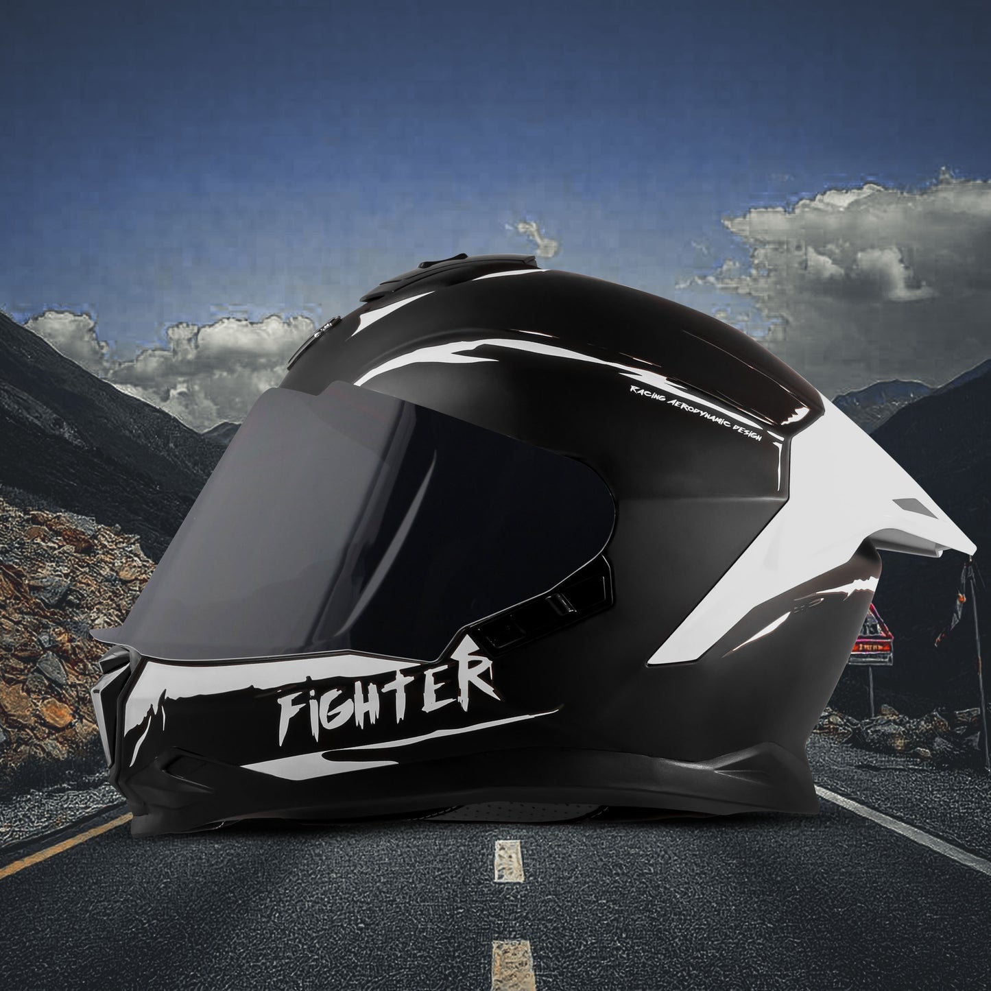 Steelbird SBH-57 Fighter F2 Graphic Helmet ISI and DOT Certified Full Face Helmet for Men with Inner Silver Sun Shield (Glossy Black White)