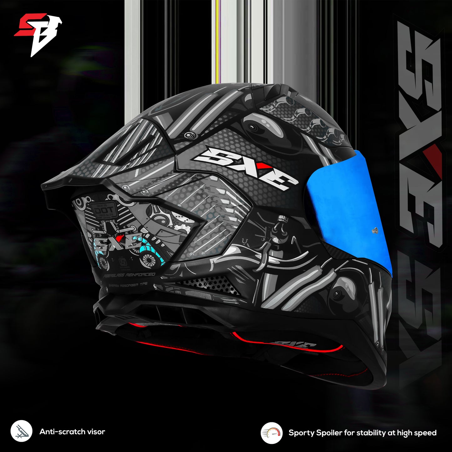 Steelbird SBH 61 SXE X2 ISI and Dot Certified Full Face Helmet for Men and with Inner Silver Sunshield (Glossy Black Grey)