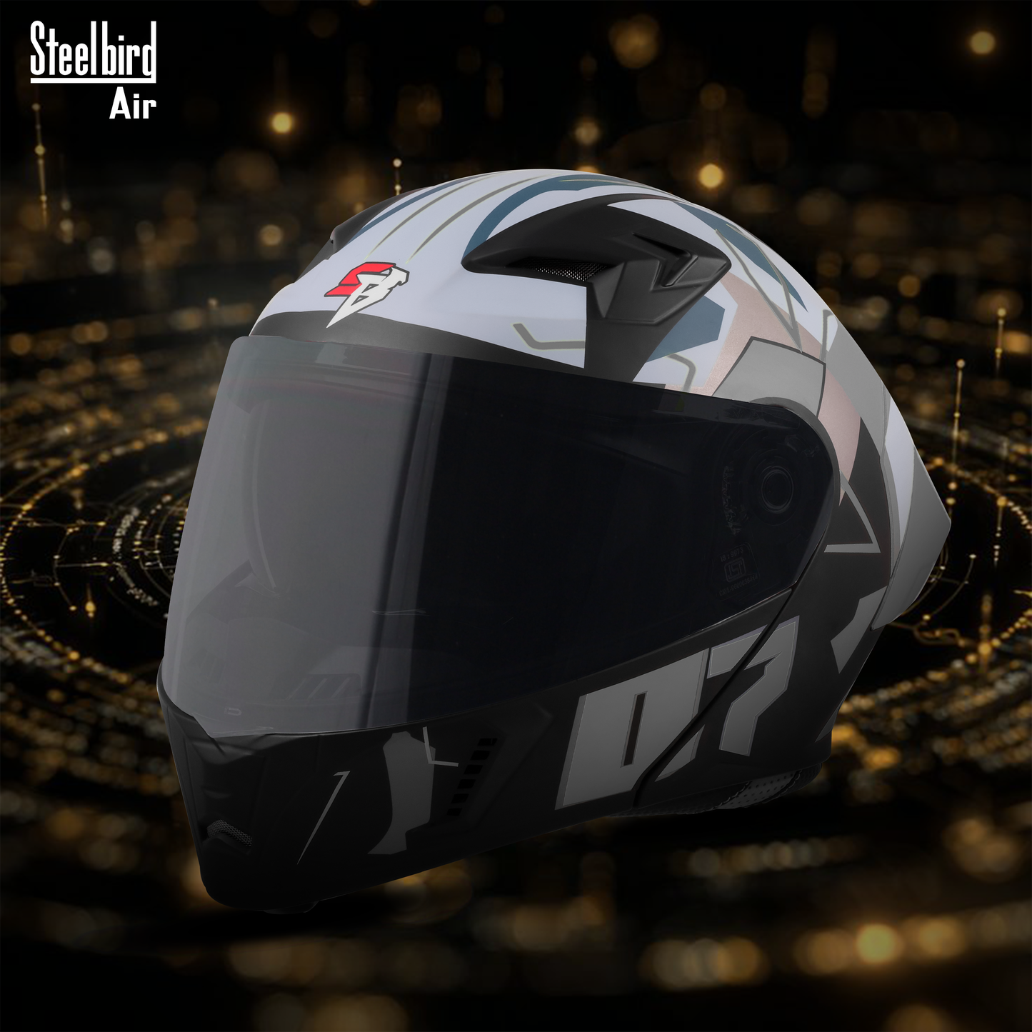 Steelbird SBA-20 07 ISI Certified Flip-Up Graphic Helmet for Men and Women with Inner Chrome Sun Shield .(Glossy Black Grey with Smoke Visor).