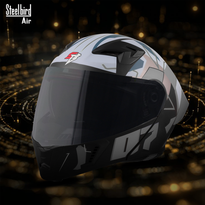 Steelbird SBA-20 07 ISI Certified Flip-Up Graphic Helmet for Men and Women with Inner Chrome Sun Shield .(Glossy Black Grey with Smoke Visor).