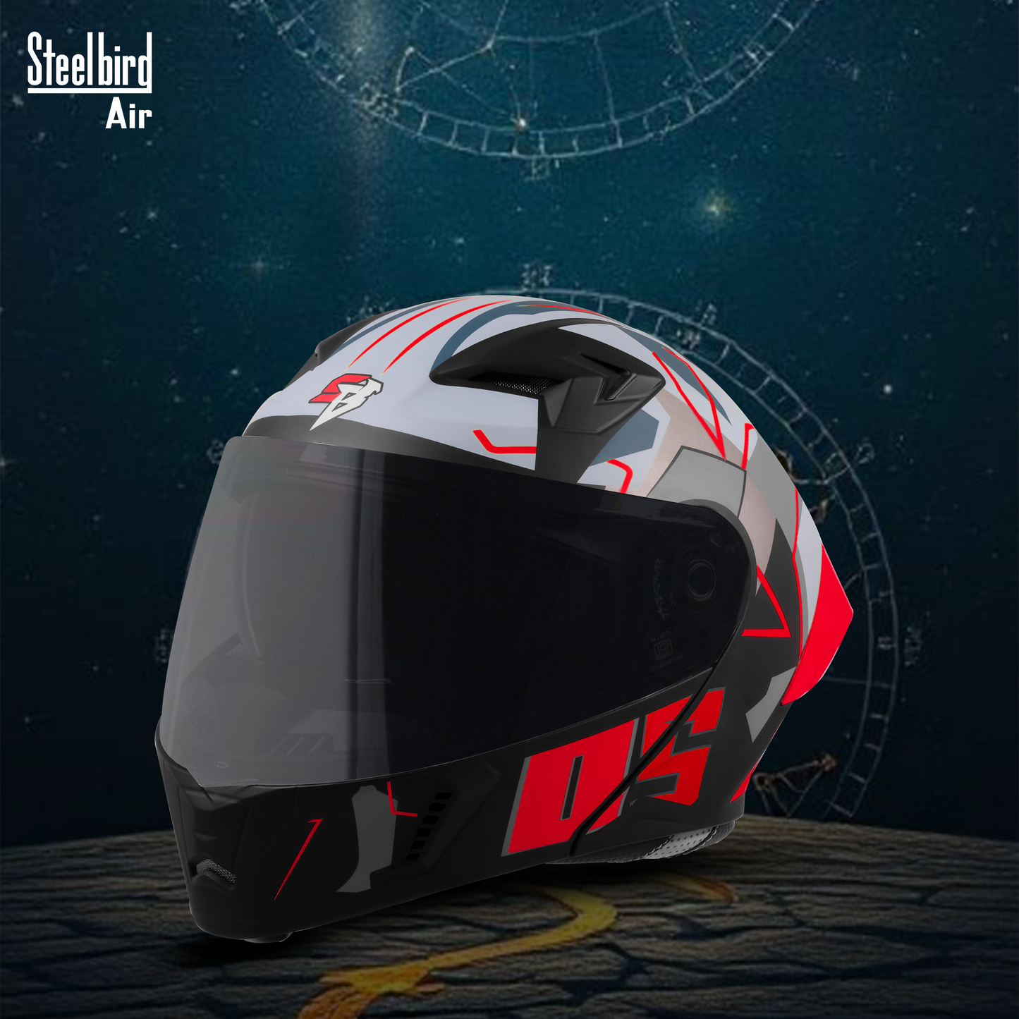 Steelbird SBA-20 05 ISI Certified Flip-Up Graphic Helmet for Men and Women with Inner Chrome Sun Shield .(Glossy Black Red with Smoke Visor).