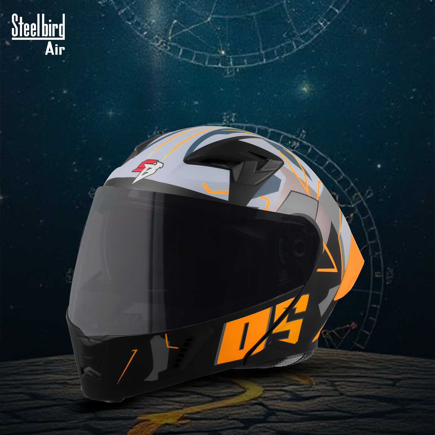 Steelbird SBA-20 05 ISI Certified Flip-Up Graphic Helmet for Men and Women with Inner Chrome Sun Shield .(Glossy Black Orange with Smoke Visor).