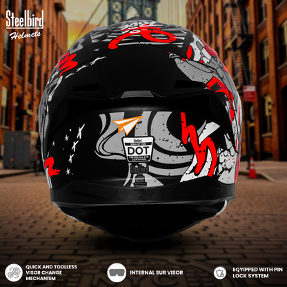 Steelbird SBH-57 Fighter F10 Graphic Helmet ISI and DOT Certified Full Face Helmet for Men with Inner Silver Sun Shield (Glossy Black White Red)