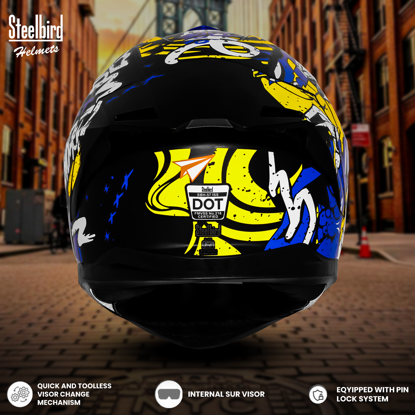 Steelbird SBH-57 Fighter F10 Graphic Helmet ISI and DOT Certified Full Face Helmet for Men with Inner Silver Sun Shield (Glossy Black Blue White)