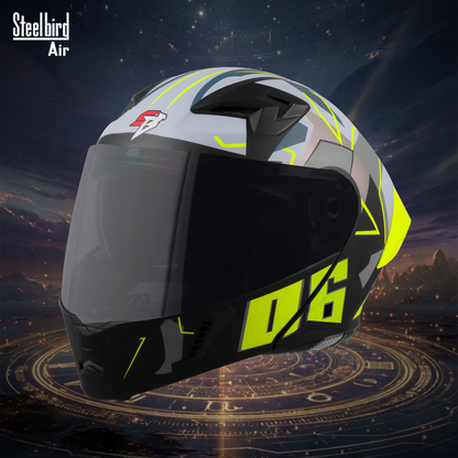 Steelbird SBA-20 06  ISI Certified Flip-Up Graphic Helmet for Men and Women with Inner Chrome Sun Shield .(Glossy Black Neon with Smoke Visor).