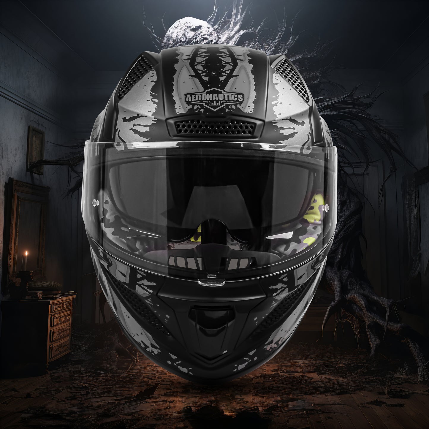 Steelbird SBH-25 Predator ISI Certified Full Face Graphic Helmet for Men and Women (Glossy Black Grey with Inner Smoke Sun Shield)