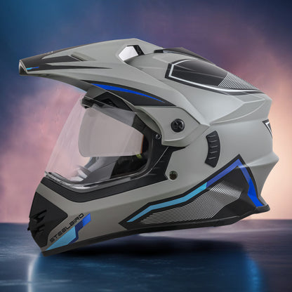 Steelbird Racer Off Road ISI Certified Motocross Double Visor Full Face Graphic Helmet Outer Clear Visor and Inner Silver Sun Shield (Glossy Grey Blue)