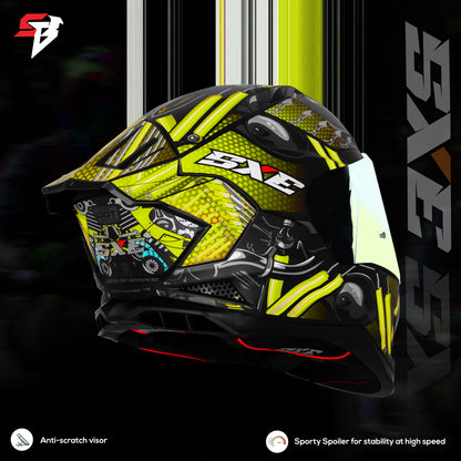 Steelbird SBH 61 SXE X2 ISI and Dot Certified Full Face Helmet for Men and with Inner Silver Sunshield (Glossy Black Neon)
