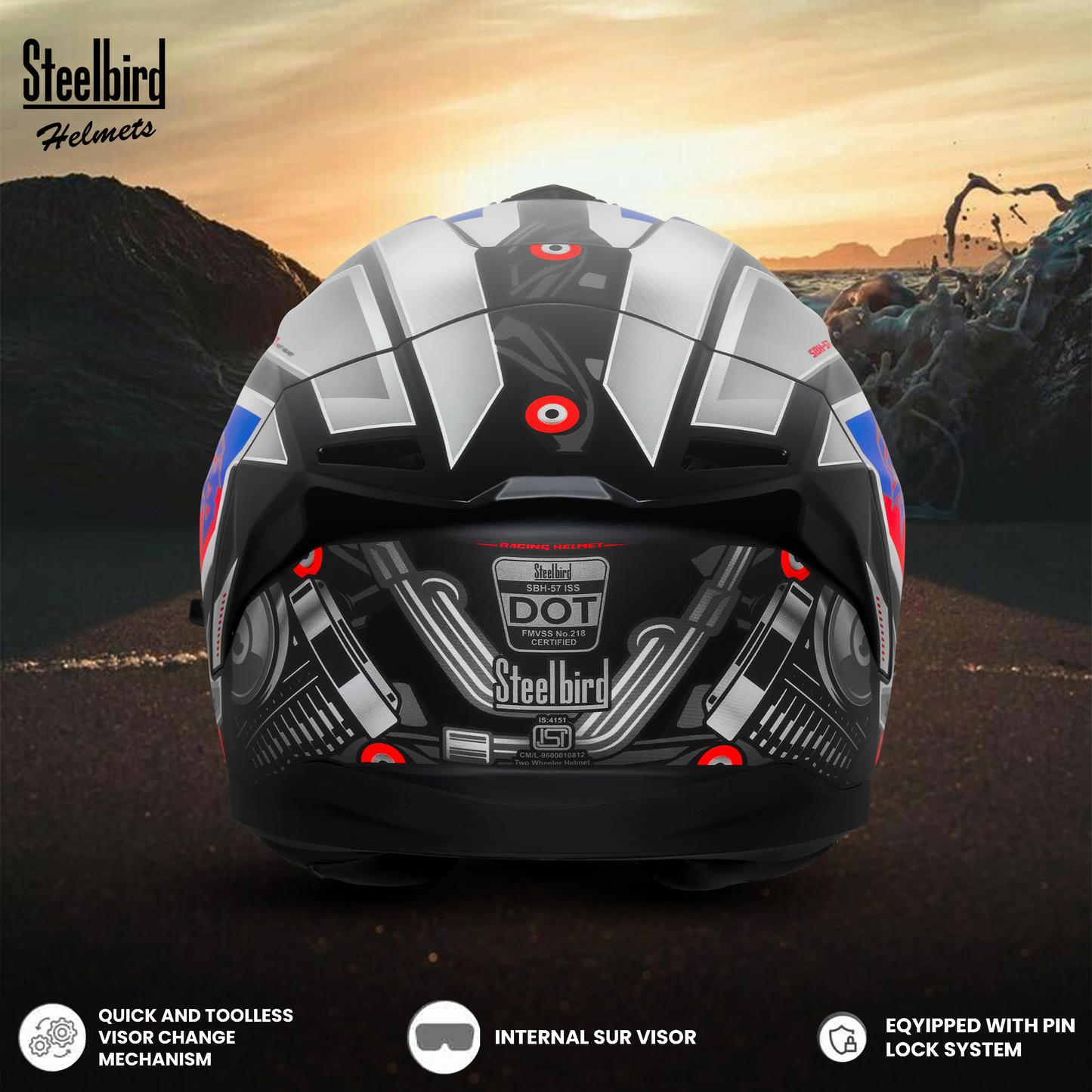 Steelbird SBH-57 Fighter F8 ISI and DOT Certified Full Face Graphic Helmet for Men and Women with Inner Silver Sun Shield .