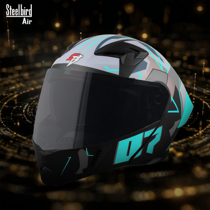 Steelbird SBA-20 07 ISI Certified Flip-Up Graphic Helmet for Men and Women with Inner Chrome Sun Shield. (Glossy Black Jazz Blue with Smoke Visor).