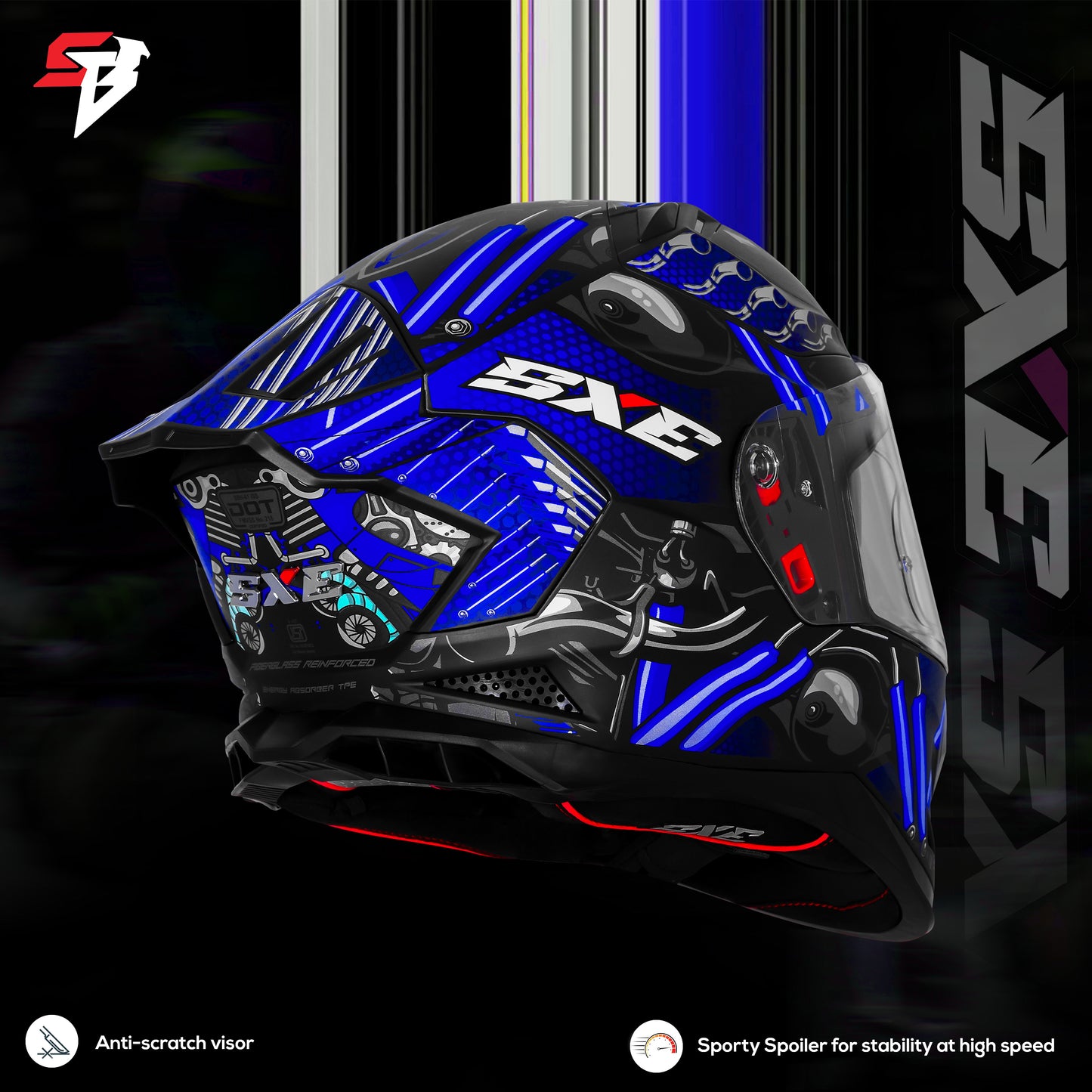 Steelbird SBH-61 SXE X2 Pinlock ISI and Dot Certified Full Face Helmet for Men and with Inner Silver Sunshield  (Glossy Black Blue with Anti fog Shield)