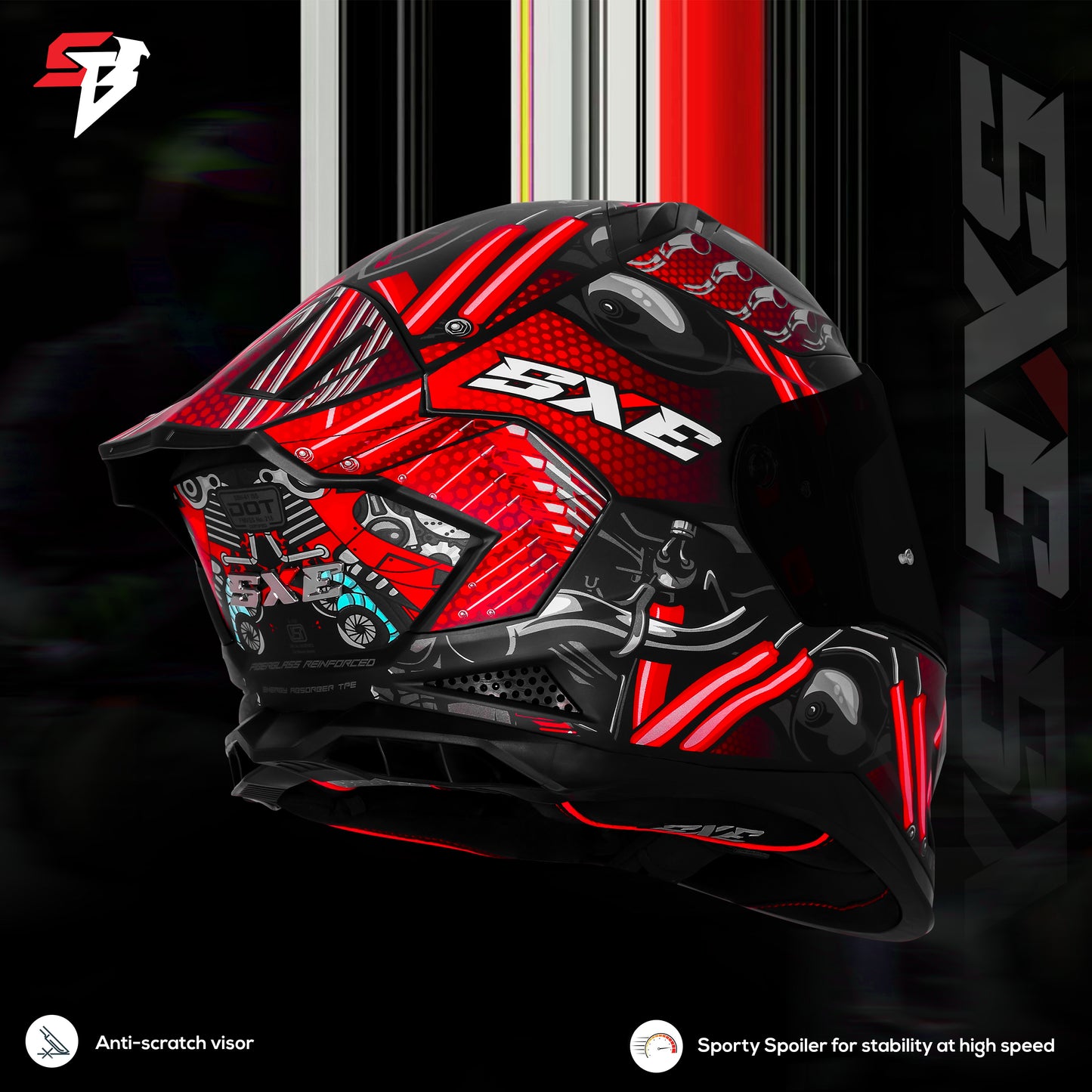Steelbird SBH-61 SXE X2 Pinlock ISI and Dot Certified Full Face Helmet for Men and with Inner Silver Sunshield (Glossy Black Red with Smoke Visor)