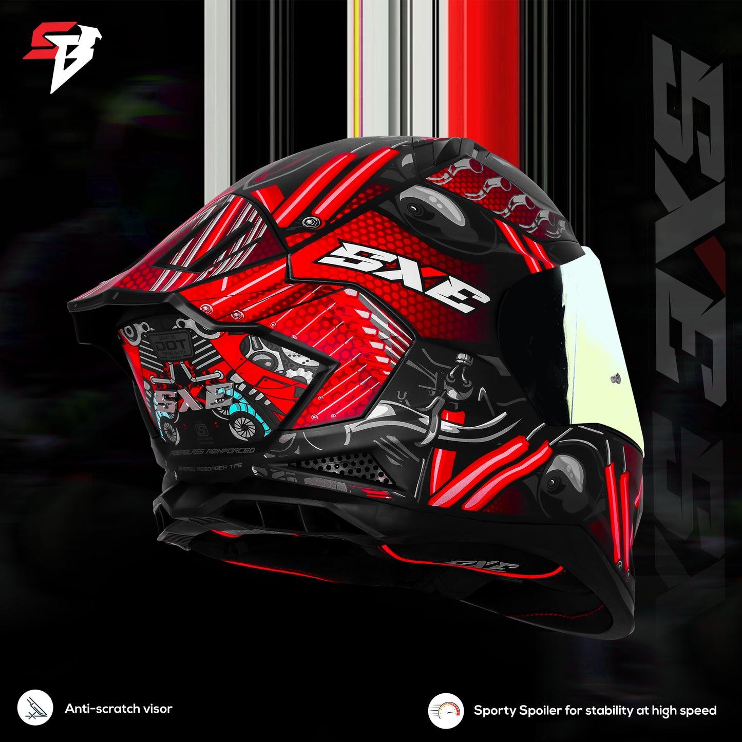 Steelbird SBH 61 SXE X2 ISI and Dot Certified Full Face Helmet for Men and with Inner Silver Sunshield (Glossy Black Red)