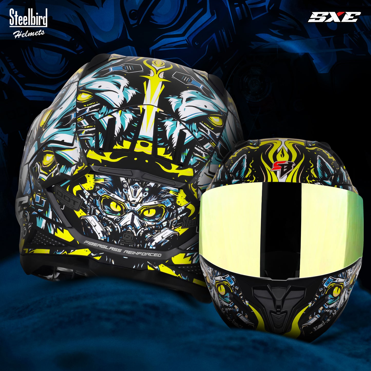 Steelbird SBH-61 SXE X1 ISI and Dot Certified Full Face Helmet for Men with Inner Silver Sunshield .Clear Visor With Extra Chrome.