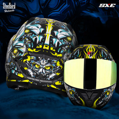 Steelbird SBH-61 SXE X1 ISI and Dot Certified Full Face Helmet for Men with Inner Silver Sunshield .Clear Visor With Extra Chrome.