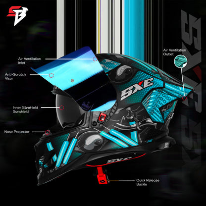 Steelbird SBH 61 SXE X2 ISI and Dot Certified Full Face Helmet for Men and with Inner Silver Sunshield (Glossy Black Cyan Green)