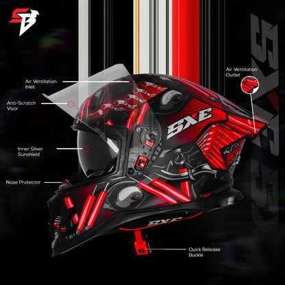 Steelbird SBH-61 SXE X2 Pinlock ISI and Dot Certified Full Face Helmet for Men and with Inner Silver Sunshield (Glossy Black Red with Anti fog Shield)