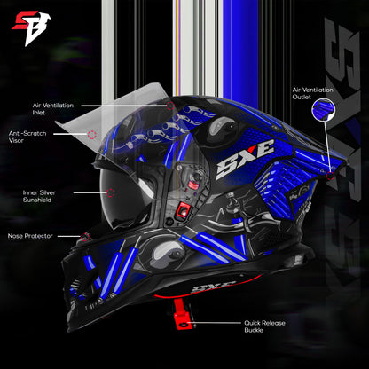 Steelbird SBH-61 SXE X2 Pinlock ISI and Dot Certified Full Face Helmet for Men and with Inner Silver Sunshield  (Glossy Black Blue with Anti fog Shield)