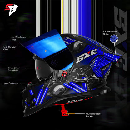 Steelbird SBH 61 SXE X2 ISI and Dot Certified Full Face Helmet for Men and with Inner Silver Sunshield (Glossy Black Blue)