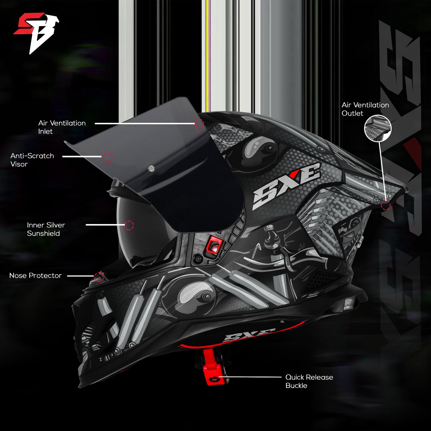 Steelbird SBH-61 SXE X2 Pinlock ISI and Dot Certified Full Face Helmet for Men and with Inner Silver Sunshield (Glossy Black Grey with Smoke Visor)