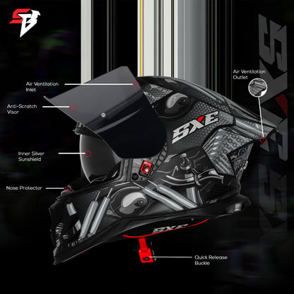 Steelbird SBH-61 SXE X2 Pinlock ISI and Dot Certified Full Face Helmet for Men and with Inner Silver Sunshield (Glossy Black Grey with Smoke Visor)