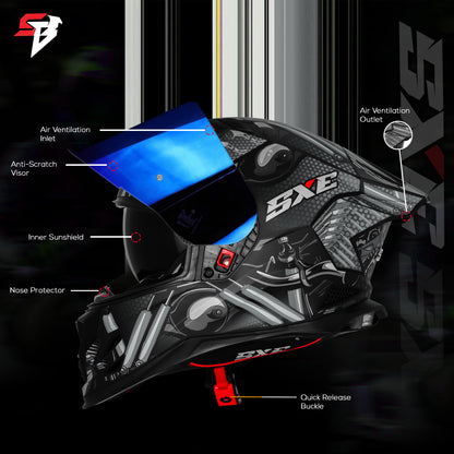 Steelbird SBH 61 SXE X2 ISI and Dot Certified Full Face Helmet for Men and with Inner Silver Sunshield (Glossy Black Grey)