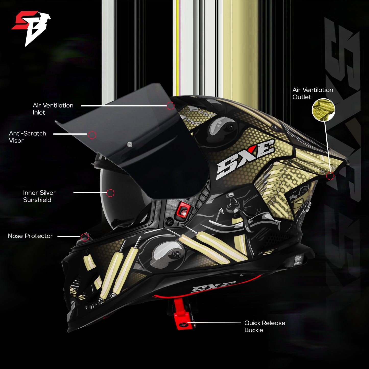 Steelbird SBH-61 SXE X2 Pinlock ISI and Dot Certified Full Face Helmet for Men and with Inner Silver Sunshield (Glossy Black Golden with Smoke Visor)