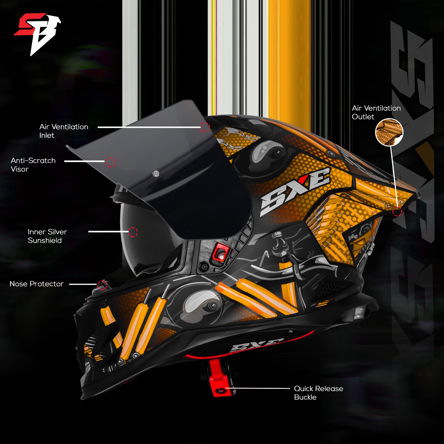 Steelbird SBH-61 SXE X2 Pinlock ISI and Dot Certified Full Face Helmet for Men and with Inner Silver Sunshield (Glossy Black Golden with Smoke Visor).