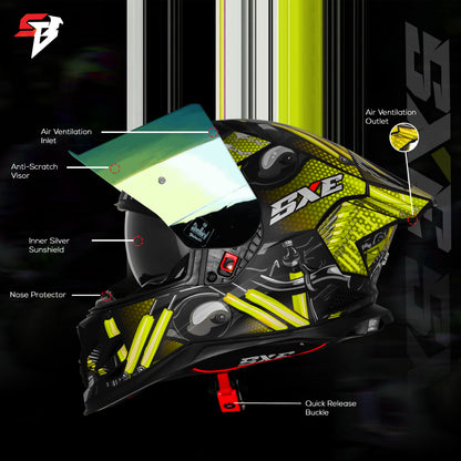 Steelbird SBH 61 SXE X2 ISI and Dot Certified Full Face Helmet for Men and with Inner Silver Sunshield (Glossy Black Neon)