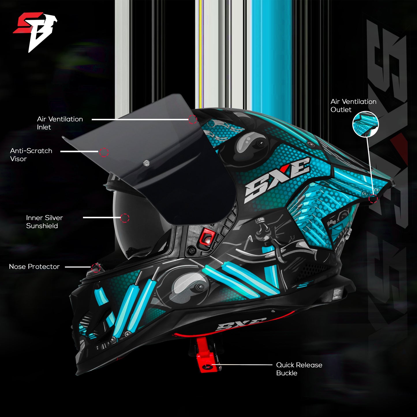Steelbird SBH-61 SXE X2 Pinlock ISI and Dot Certified Full Face Helmet for Men and with Inner Silver Sunshield (Glossy Black Cyan Green with Smoke Visor)