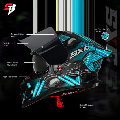 Steelbird SBH-61 SXE X2 Pinlock ISI and Dot Certified Full Face Helmet for Men and with Inner Silver Sunshield (Glossy Black Cyan Green with Smoke Visor)