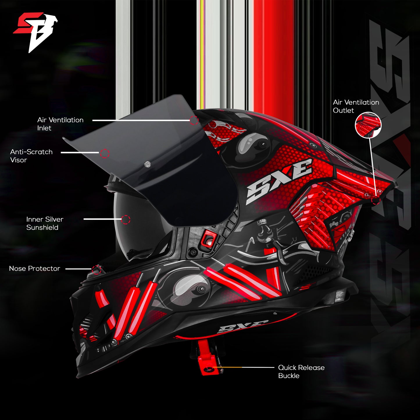 Steelbird SBH-61 SXE X2 Pinlock ISI and Dot Certified Full Face Helmet for Men and with Inner Silver Sunshield (Glossy Black Red with Smoke Visor)
