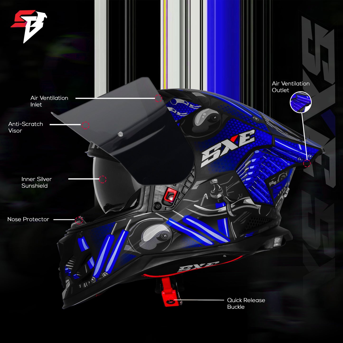 Steelbird SBH-61 SXE X2 Pinlock ISI and Dot Certified Full Face Helmet for Men and with Inner Silver Sunshield (Glossy Black Blue with Smoke Visor)