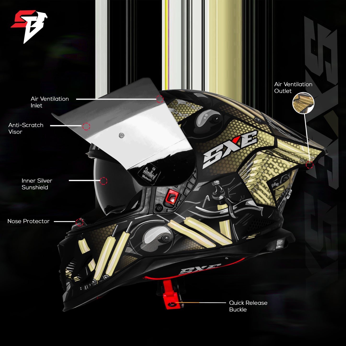 Steelbird SBH 61 SXE X2 ISI and Dot Certified Full Face Helmet for Men and with Inner Silver Sunshield (Glossy Black Golden)