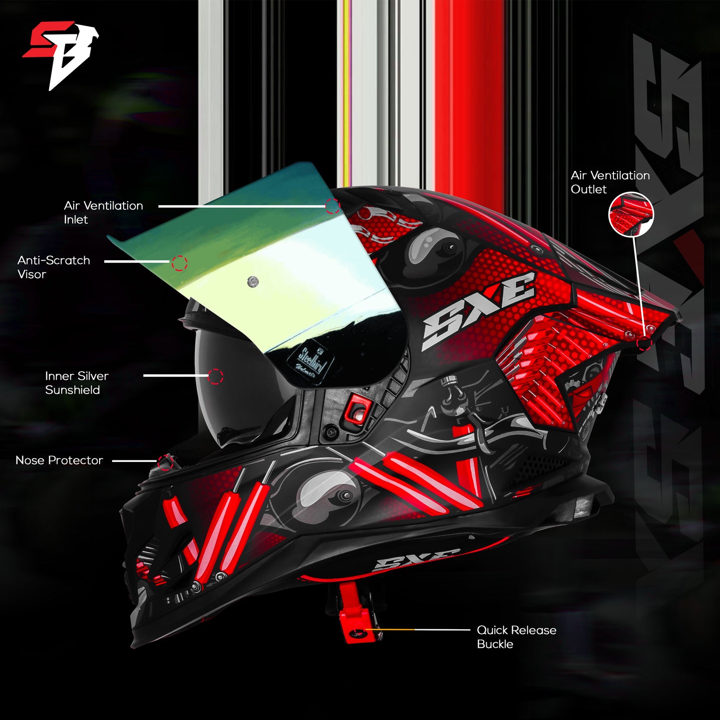 Steelbird SBH 61 SXE X2 ISI and Dot Certified Full Face Helmet for Men and with Inner Silver Sunshield (Glossy Black Red)