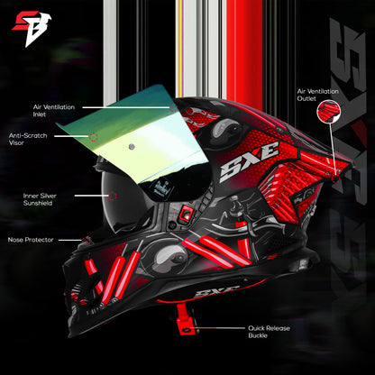 Steelbird SBH 61 SXE X2 ISI and Dot Certified Full Face Helmet for Men and with Inner Silver Sunshield (Glossy Black Red)
