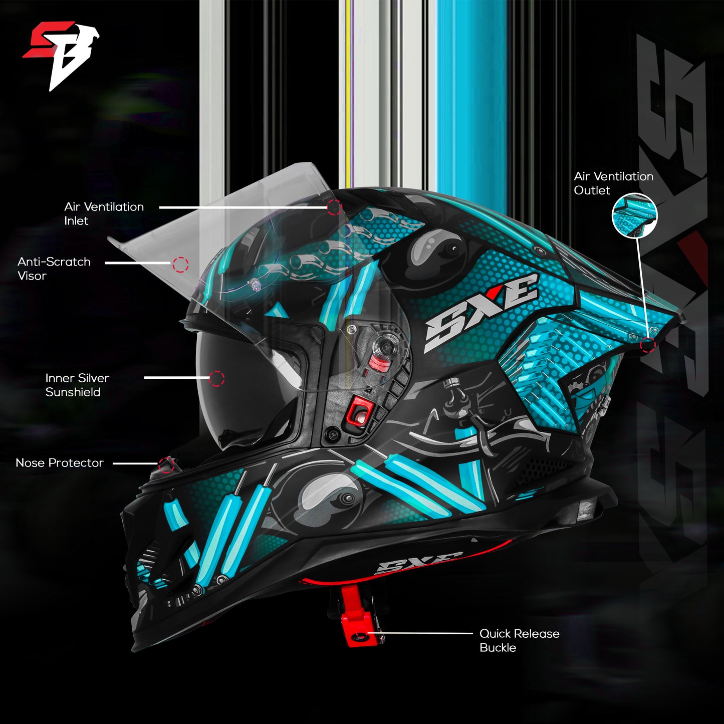 Steelbird SBH-61 SXE X2 Pinlock ISI and Dot Certified Full Face Helmet for Men and with Inner Silver Sunshield (Glossy Black Cyan Green with Anti fog Shield)