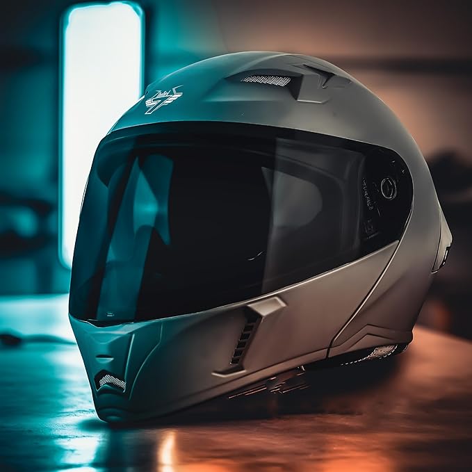 Steelbird SBA-20 7Wings ISI Certified Flip-Up Helmet with Black Spoiler for Men and Women with Inner Smoke Sun Shield (Glossy Grey with Smoke Visor).