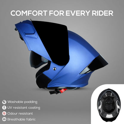 Steelbird SBA-20 7Wings ISI Certified Flip-Up Helmet with Black Spoiler for Men and Women with Inner Smoke Sun Shield (Glossy Blue with Smoke Visor).
