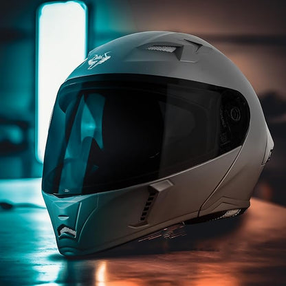 Steelbird SBA-20 7Wings ISI Certified Flip-Up Helmet with Black Spoiler for Men and Women with Inner Smoke Sun Shield (Glossy Silver with Smoke Visor).