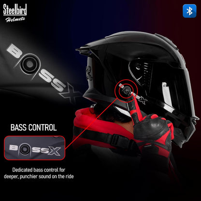 Steelbird SBH-57 Fighter Bass X Bluetooth Helmet ISI and DOT Certified Full Face Helmet for Men with Inner Silver Sun Shield (Glossy Black)